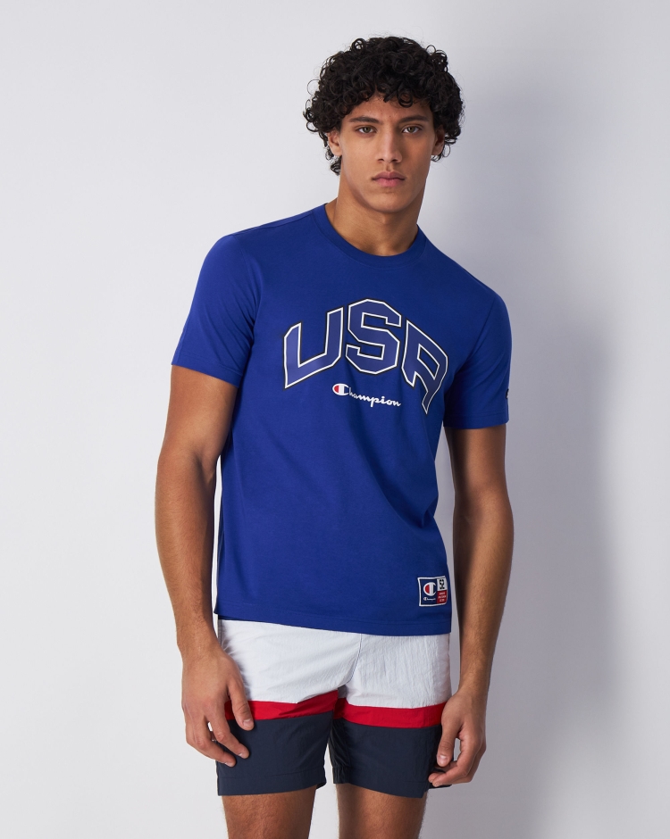 Champion T-Shirt Girocollo USA Retro Sport Blu Uomo