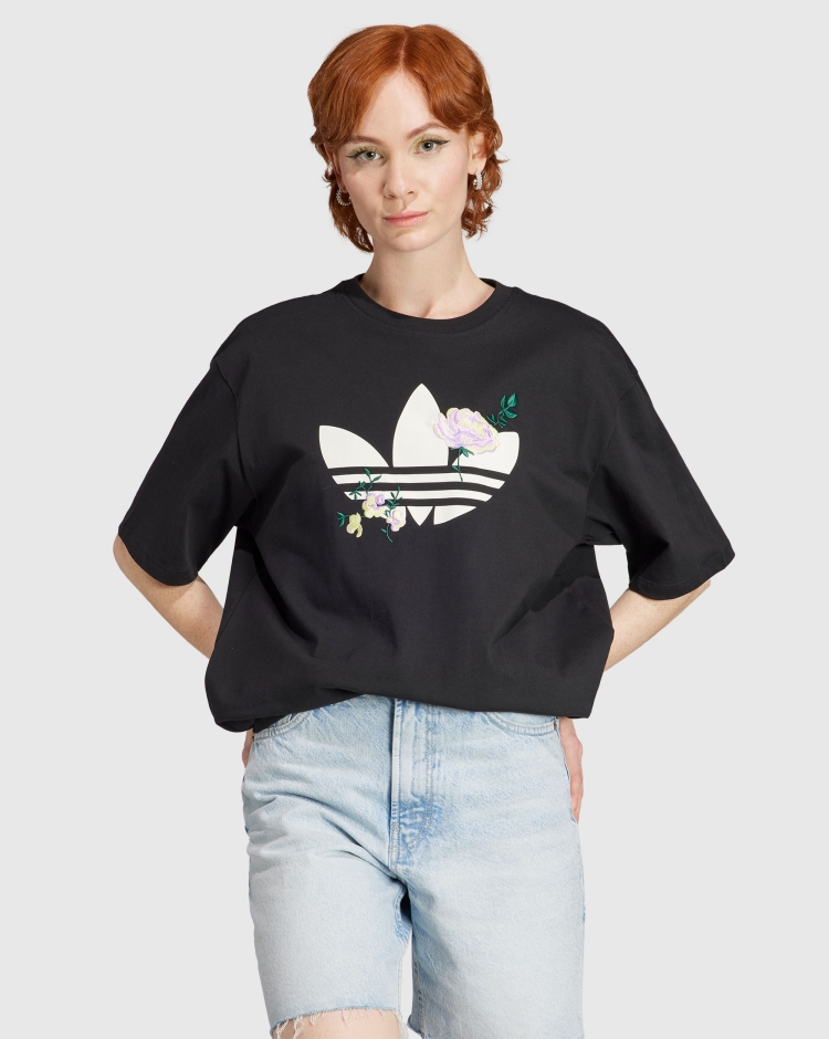 Adidas Originals T-shirt Embroidered Flower Trefoil Nero Donna
