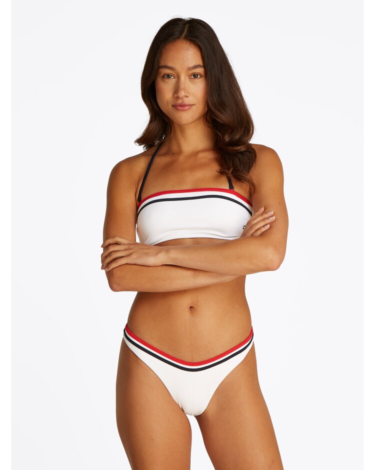 Slip bikini Global Stripe con taglio a V Bianco Donna
