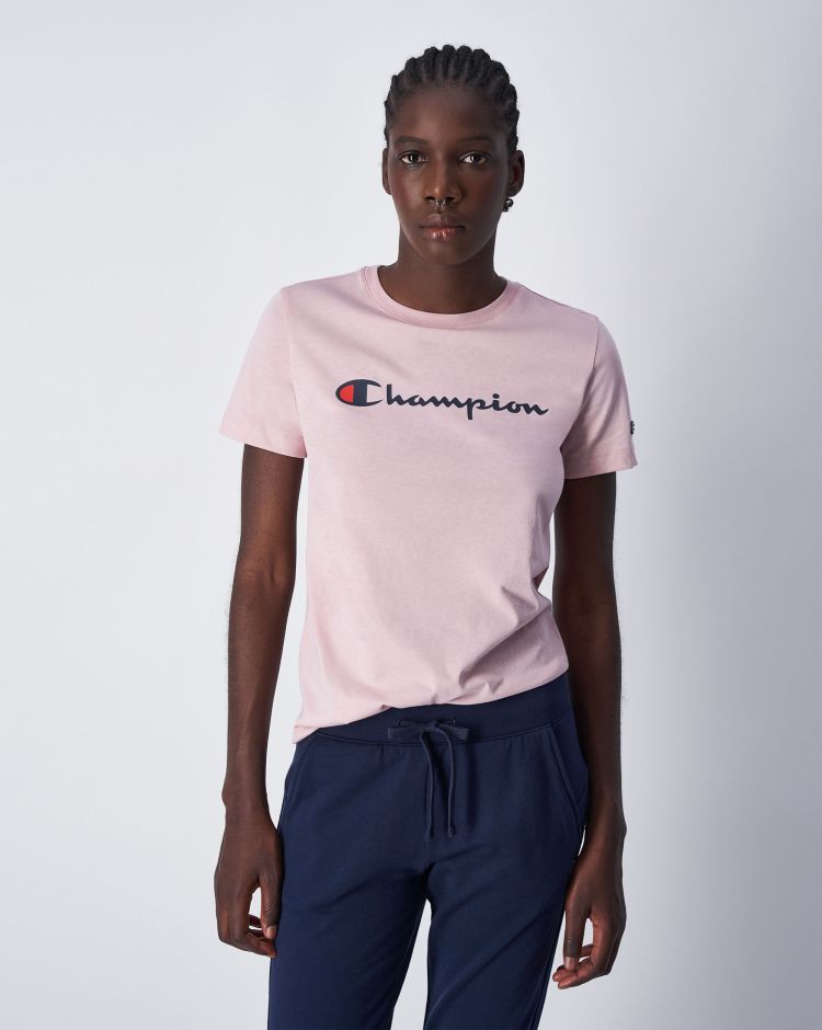 Champion T-Shirt Girocollo in Cotone Leggero Big Logo Rosa Donna