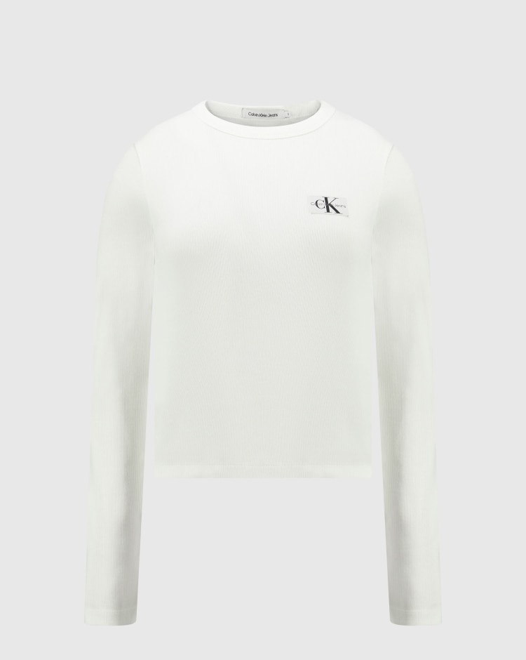 Calvin Klein T-Shirt Manica Lunga Woven Label Bianco Donna