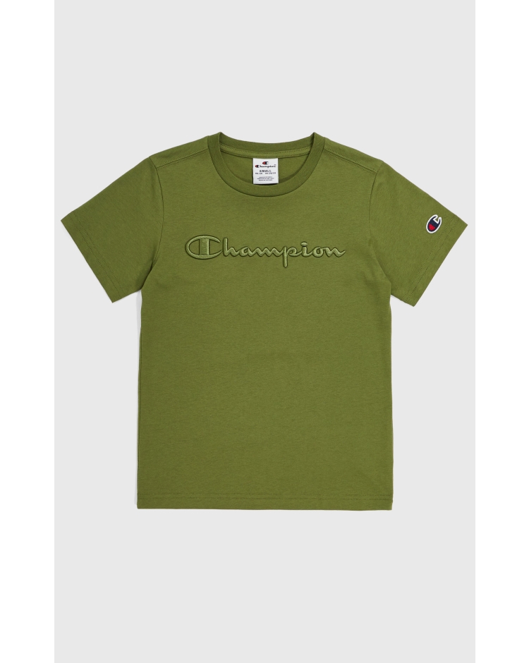 Champion T-Shirt Girocollo Con Logo Ricamato Tono su Tono Verde Bambino